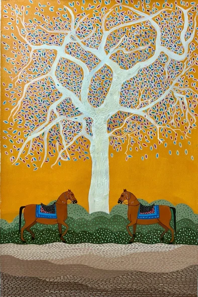 Tree Of Life Folk Painting | Original Handmade Tribal Wall Art (ART-16885-119806) - Handpainted Art Painting - 24in X 36in