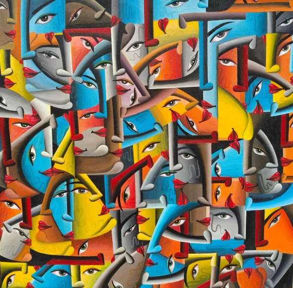 Fragmented Faces (ART-8439-120006) - Handpainted Art Painting - 24in X 24in