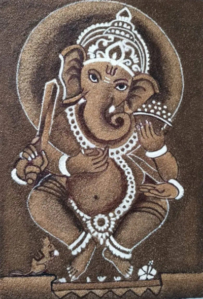 ​ Earthy Ganesha Sand Art (ART-18188-120024) - Handpainted Art Painting - 10in X 14in