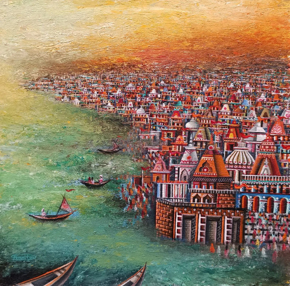 Ganga Ghat (ART-8439-120002) - Handpainted Art Painting - 15in X 15in