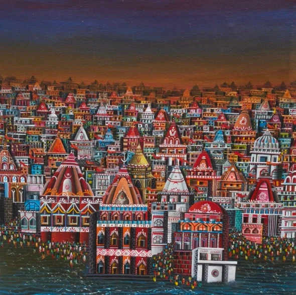 Temple Town (ART-8439-120001) - Handpainted Art Painting - 24in X 24in