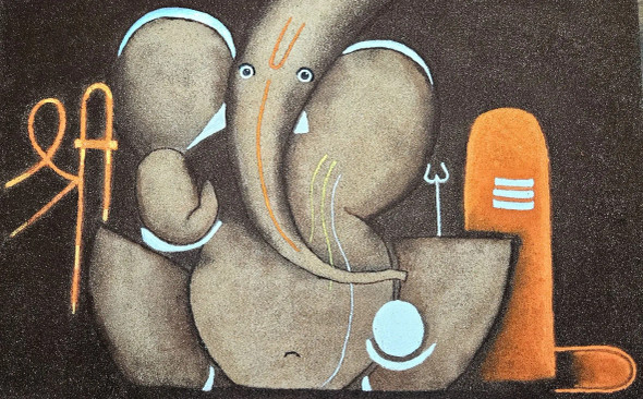 Divine Union: Ganesha & Shiva Lingam (ART-18188-120025) - Handpainted Art Painting - 22in X 12in