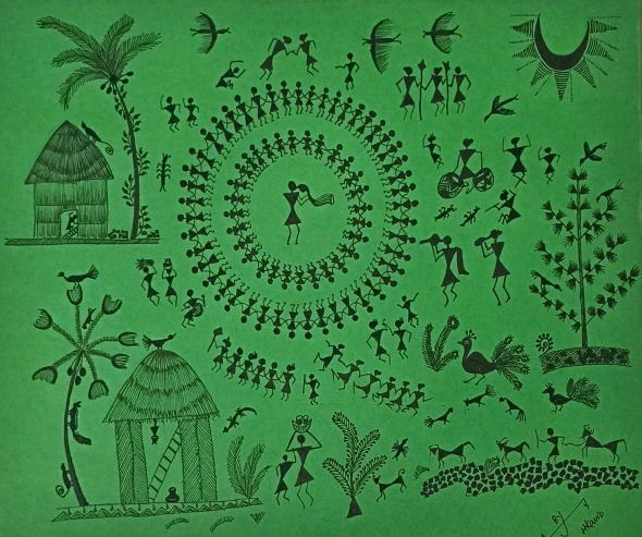 ANCIENT WARLI ARTS ON HANDMADE PAPER USING ACRYLIC PAINT (ART-2050-120038) - Handpainted Art Painting - 11in X 8in