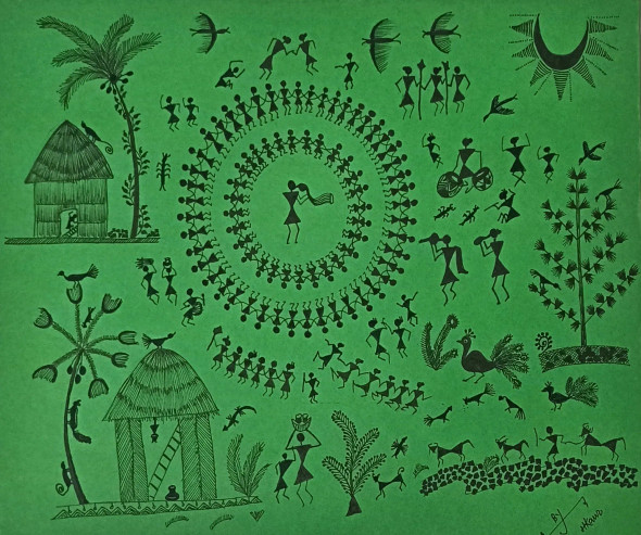 ANCIENT WARLI ARTS ON HANDMADE PAPER USING ACRYLIC PAINT (ART-2050-120038) - Handpainted Art Painting - 11in X 8in