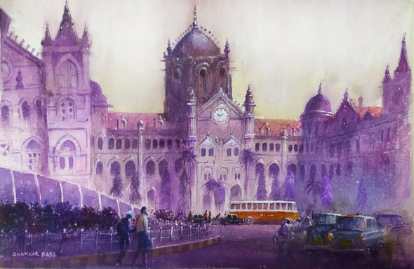 Chhatrapati Shivaji Terminus (ART-662-119752) - Handpainted Art Painting - 20in X 13in