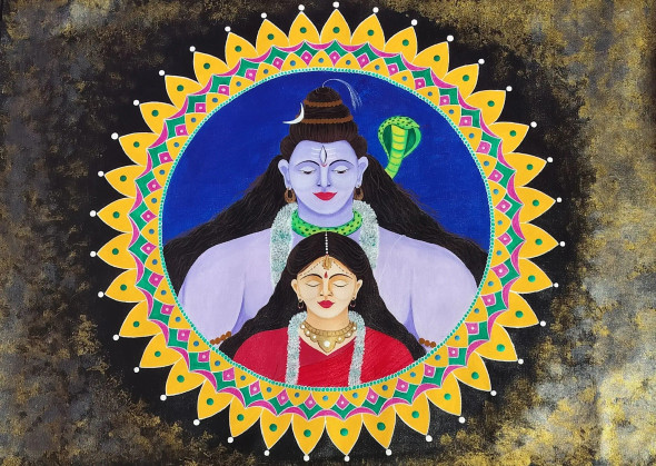 Shiv Ji And Parvati Ji (ART-17697-119962) - Handpainted Art Painting - 33in X 24in