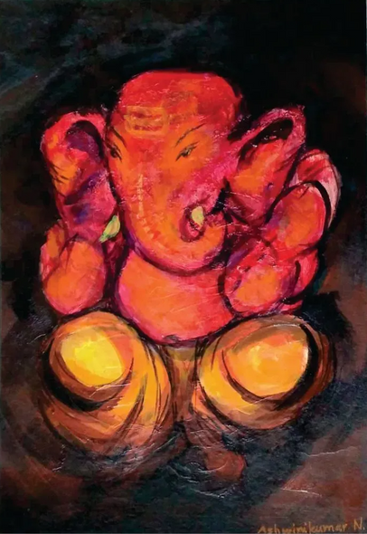LORD GANESHA (ART-7407-119834) - Handpainted Art Painting - 11in X 14in