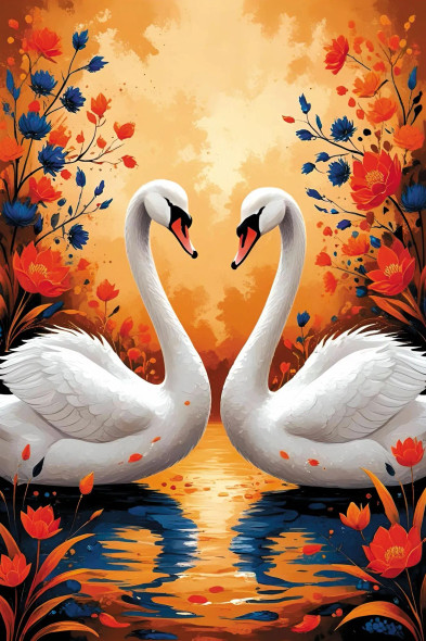 Eternal Embrace - Swan Couple At Sunset, Romantic Wall Art With Floral Reflections (PRT-16330-120032) - Canvas Art Print - 12in X 18in