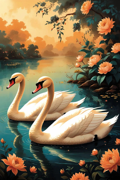 Twin Souls On Lotus Lake – Romantic Nature Art (PRT-16330-120034) - Canvas Art Print - 24in X 36in