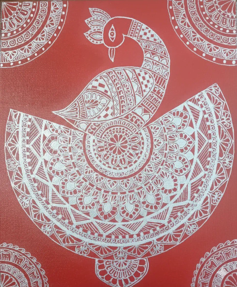 “Sacred Crimson – Mandala Swan” (PRT-18077-120011) - Canvas Art Print - 20in X 24in