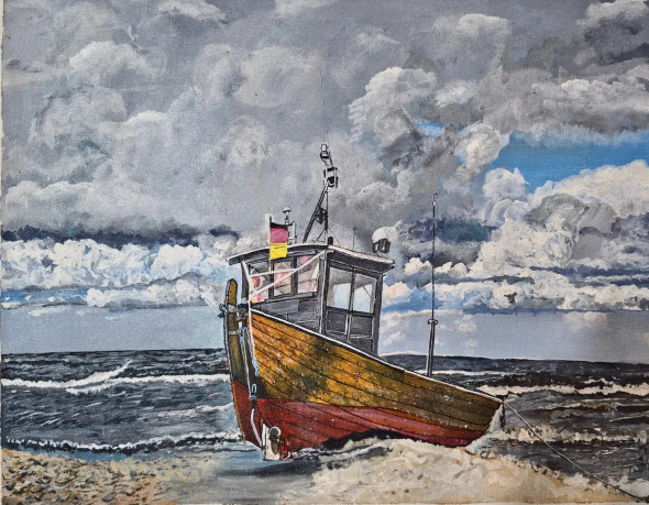 Boat Painting, Stormy Ocean Waves, Beach Painting (ART-6189-120053) - Handpainted Art Painting - 20in X 16in