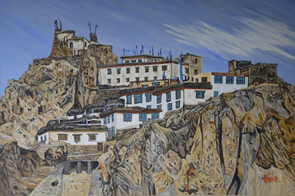 Dhankar Gompa Spiti (ART-2948-120060) - Handpainted Art Painting - 36in X 24in