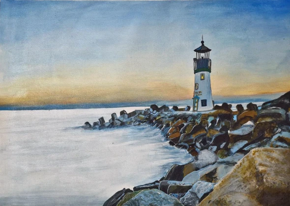 Lighthouse Beach Painting (ART-6189-120051) - Handpainted Art Painting - 24in X 17in