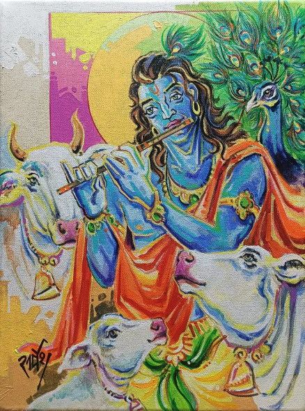 Krishna - VRINDAVAN (ART-17219-120064) - Handpainted Art Painting - 13in X 16in