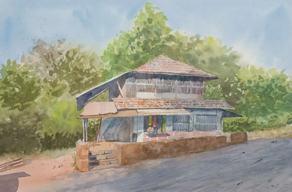 Village House (ART-7362-120073) - Handpainted Art Painting - 18in X 12in