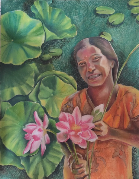 Lotus'girl" (ART-16757-120066) - Handpainted Art Painting - 22in X 28in