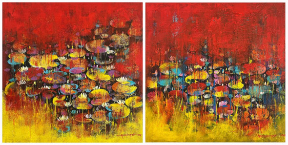 Waterlily-0044 Diptych (ART-16405-120137) - Handpainted Art Painting - 48in X 24in