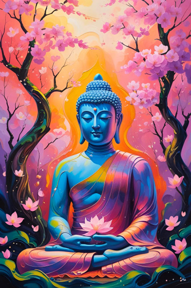 Blue Meditating Buddha With Cherry Blossoms In Vibrant Pink And Orange Tones (PRT-16330-120249) - Canvas Art Print - 24in X 36in