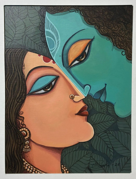 The Eternal Gaze Of Radha Krishna (ART-18220-120373) - Handpainted Art Painting - 8in X 11in