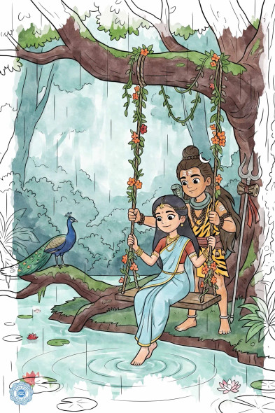 Shiv Parvati On Floral Swing In A Rainy Landscape (PRT-8836-120316) - Canvas Art Print - 24in X 36in