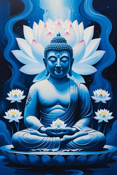 Blue Meditative Buddha Painting With Lotus Flowers For Spiritual Home Decor (PRT-16330-120250) - Canvas Art Print - 24in X 36in
