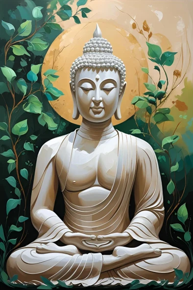 Buddha Canvas Wall Art – White Meditating Buddha With Golden Halo And Green Foliage (PRT-16330-120247) - Canvas Art Print - 24in X 36in