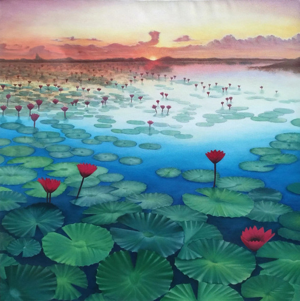 Sunset Near Lotus Pond (ART-8790-120335) - Handpainted Art Painting - 30in X 30in