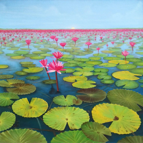 Sunrise Near Lotus Pond (ART-8790-120334) - Handpainted Art Painting - 30in X 30in