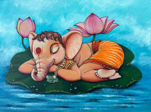 Serene Slumber Of Bal Ganesha (ART-18220-120369) - Handpainted Art Painting - 15in X 11in