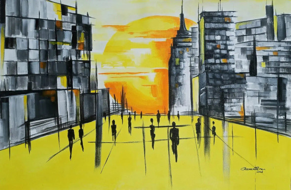 City Momentum – Contemporary Abstract Cityscape Painting For Modern Office Interiors (ART-3674-120320) - Handpainted Art Painting - 36in X 24in
