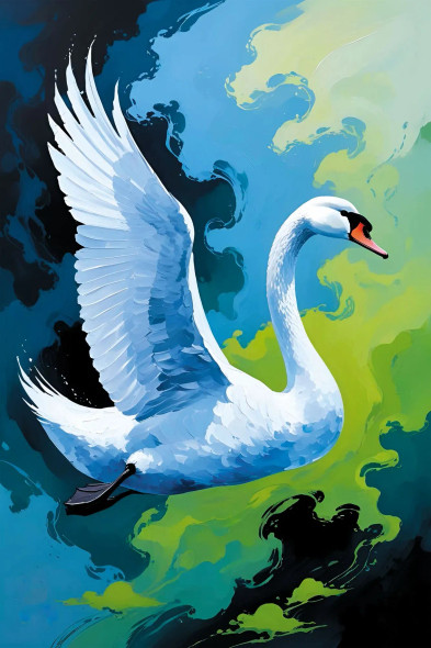 Into The Blue Beyond – Elegant White Swan In Flight Over Green And Blue Sky (PRT-16330-120241) - Canvas Art Print - 24in X 36in
