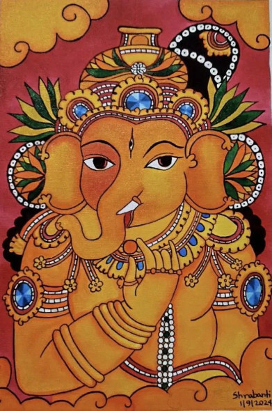 Ganesha (ART-5791-120379) - Handpainted Art Painting - 10in X 15in