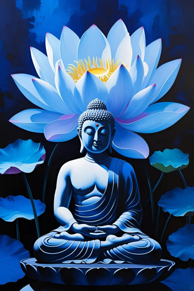 Lotus Buddha Canvas Print – Meditative Blue Buddha With Radiant Lotus Flower (PRT-16330-120246) - Canvas Art Print - 24in X 36in