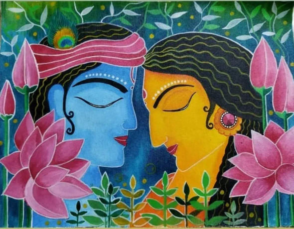 Radha And Krishna (ART-5791-120377) - Handpainted Art Painting - 17in X 12in