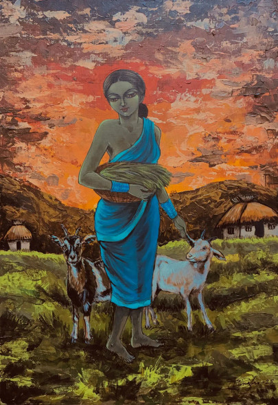 Azure Harvest At Twilight (ART-18220-120371) - Handpainted Art Painting - 11in X 16in