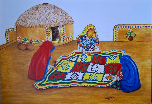Bunaai Aur Baatein (ART-8714-120330) - Handpainted Art Painting - 10in X 15in