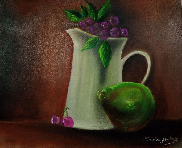Classic Still Life Painting – Fruits In Vase (ART-17209-120202) - Handpainted Art Painting - 12in X 10in