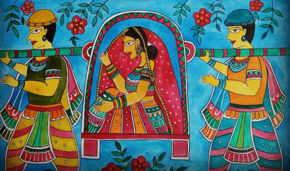 Madhubani Palki & Bride (ART-5791-120403) - Handpainted Art Painting - 16in X 11in