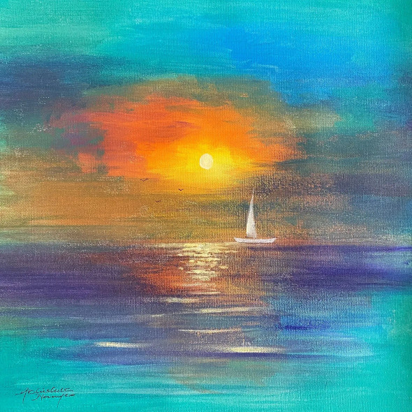 White Boat With Colorful Clouds (ART-3512-120315) - Handpainted Art Painting - 12in X 12in