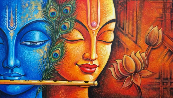The Divine Radha Krishna (ART-3319-120416) - Handpainted Art Painting - 48in X 24in