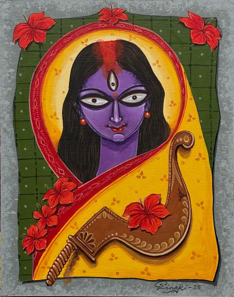 Kali: The Sacred Sickle And Hibiscus (ART-18220-120412) - Handpainted Art Painting - 8in X 10in