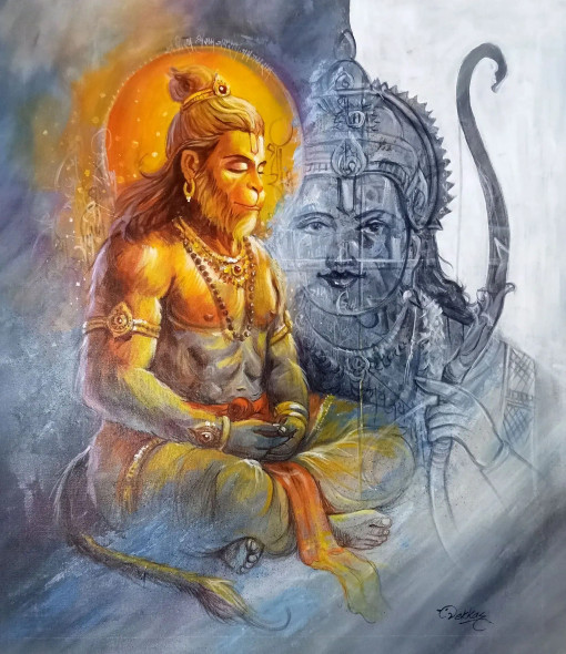 Shree Hanuman (ART-1038-120438) - Handpainted Art Painting - 23in X 27in