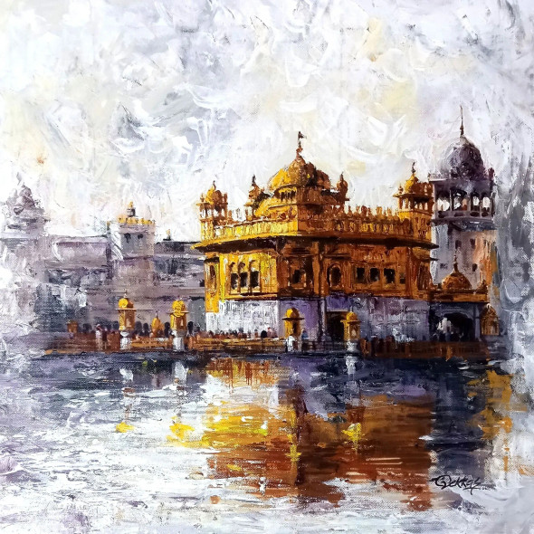 Golden Temple (ART-1038-120434) - Handpainted Art Painting - 14in X 14in