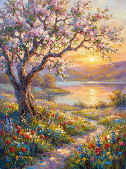 Blossoming Tree By The Lake (PRT-15697-120451) - Canvas Art Print - 45in X 60in