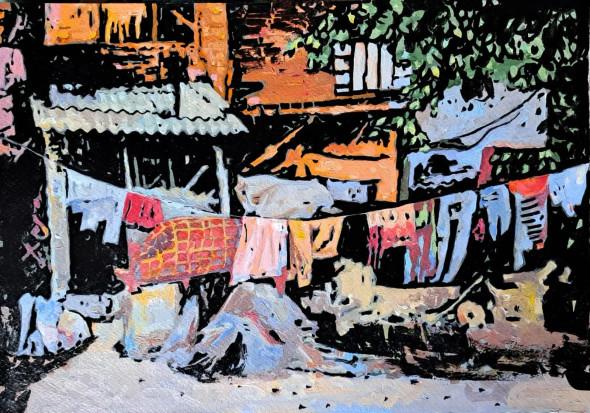 Slum Area (ART-18009-120506) - Handpainted Art Painting - 14in X 11in