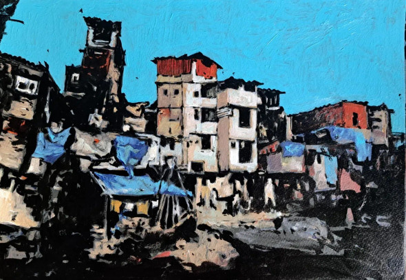Slum Area (ART-18009-120499) - Handpainted Art Painting - 14in X 11in