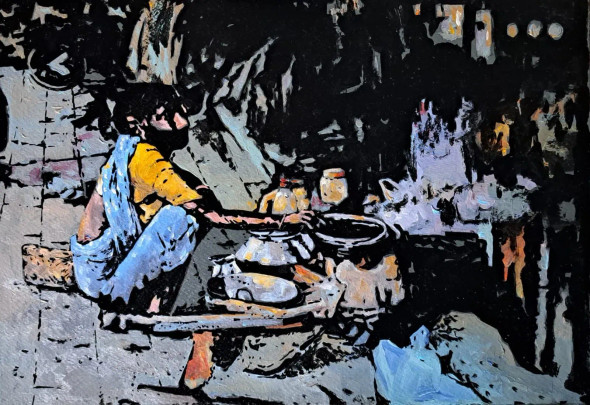 Slum Area (ART-18009-120504) - Handpainted Art Painting - 14in X 11in
