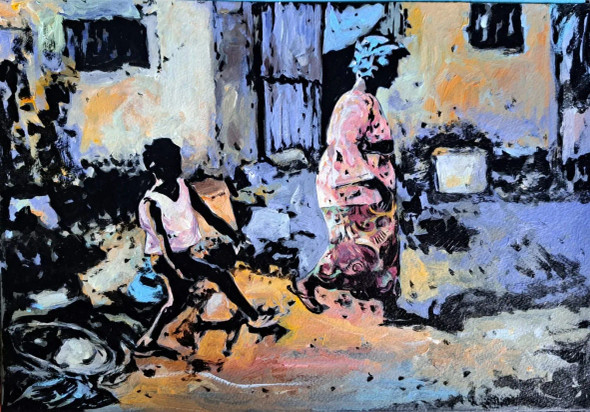 Slum Area (ART-18009-120496) - Handpainted Art Painting - 14in X 11in