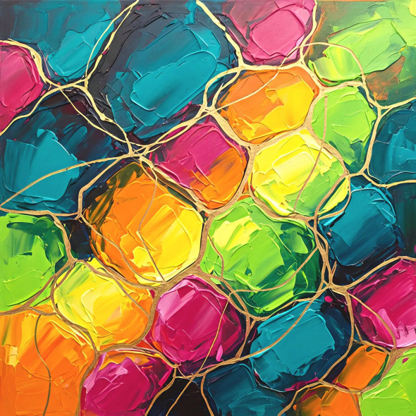 Chromatic Cells – Colorful Abstract Wall Art Print With Gold Accents (PRT-16330-120532) - Canvas Art Print - 24in X 24in