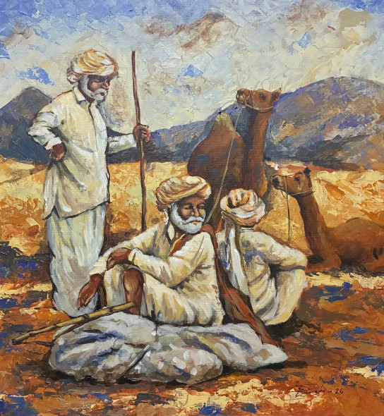 Caravan Pause (ART-18220-120551) - Handpainted Art Painting - 16in X 16in